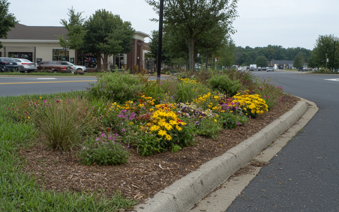 Concrete curbing with a landscaped median filled with vibrant flowers and shrubs in a suburban commercial area.