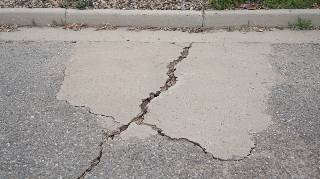 Cracked concrete sidewalk with a large fissure running diagonally across the image.