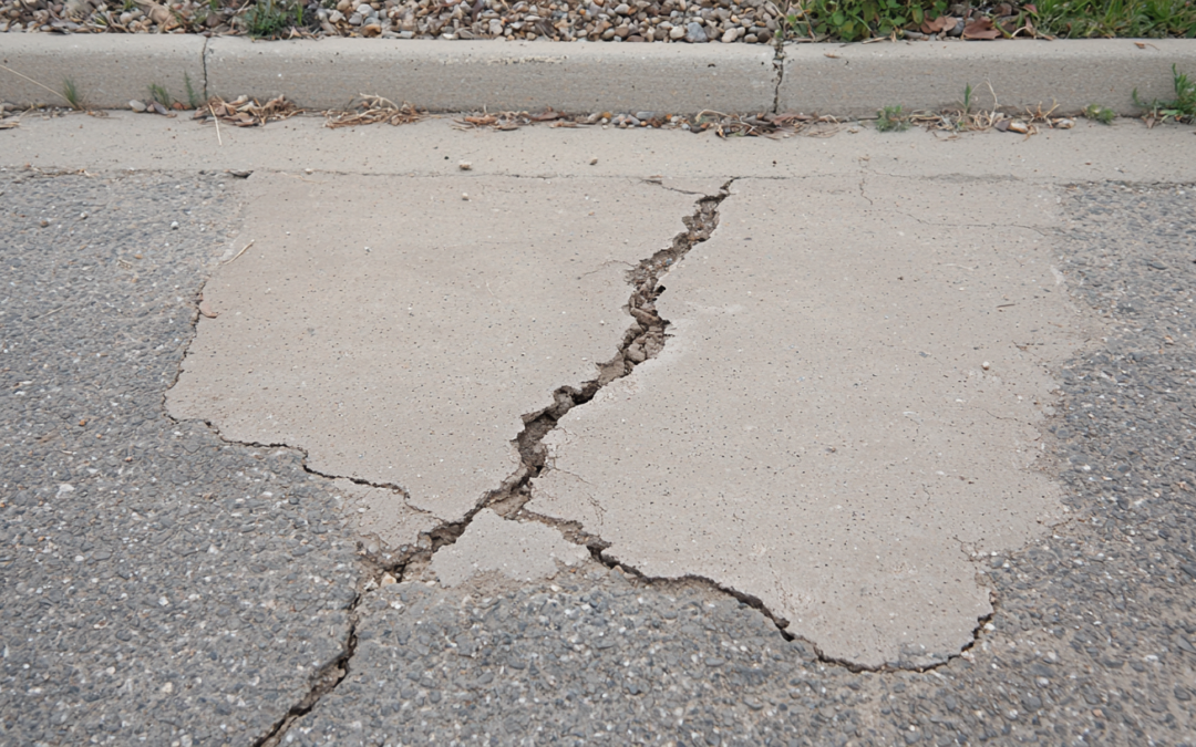 Cracked concrete sidewalk with a large fissure running diagonally across the image.