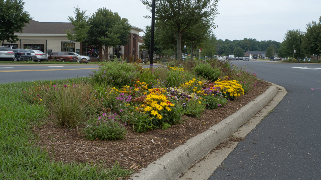 Concrete curbing with a landscaped median filled with vibrant flowers and shrubs in a suburban commercial area.