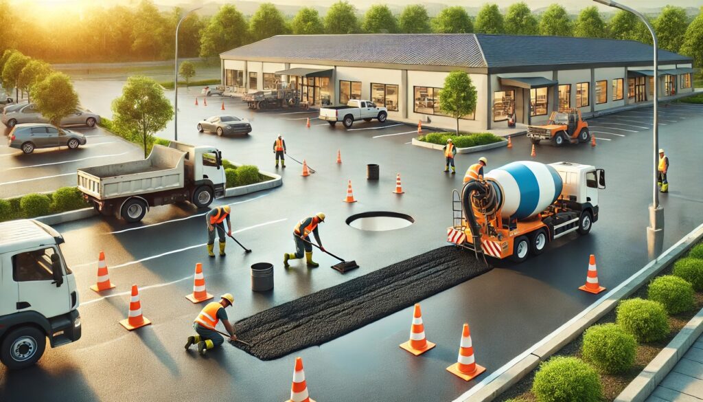 A commercial parking lot undergoing repair with workers sealing cracks and fixing potholes using modern equipment.